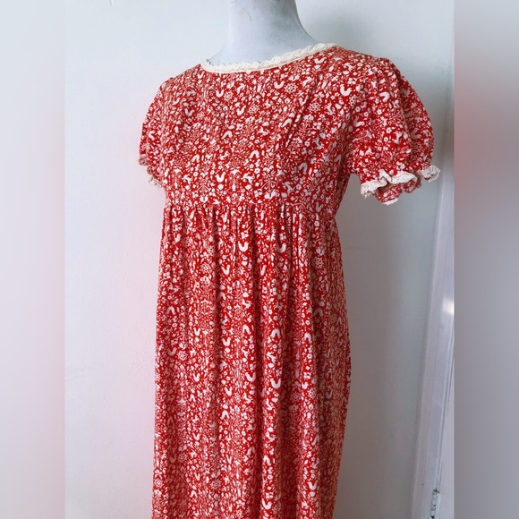 Vintage Rare 60s Unicorn Floral Folk Print Prairie Dress / Ruffles Puff Sleeves - Picture 3 of 15